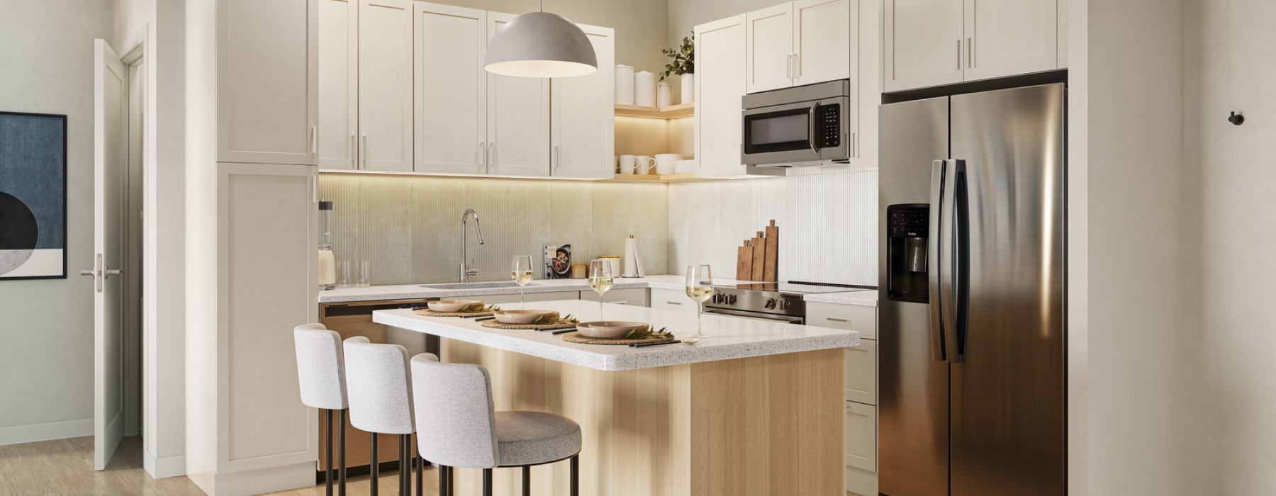 kitchen with barstools and island