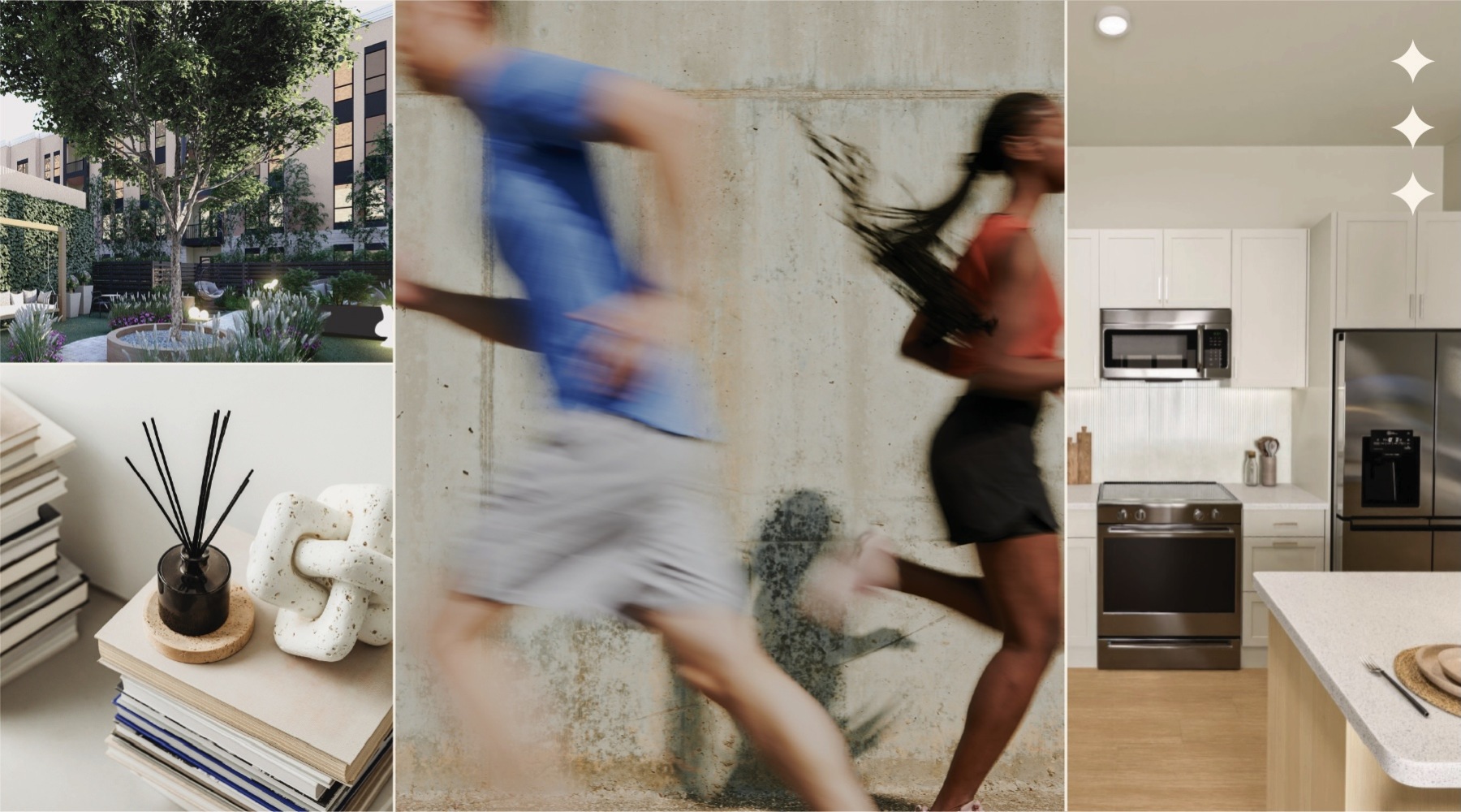 collage of amenities of home including kitchen and people running
