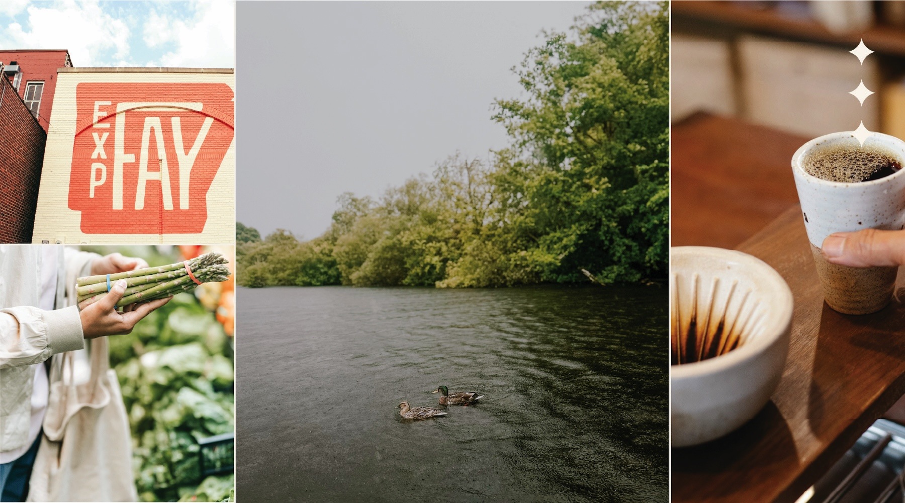 collage of neighborhood details including coffee shop and pond