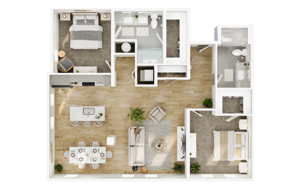 The Zion - 2 bedroom floorplan layout with 2 bathrooms and 1228 square feet